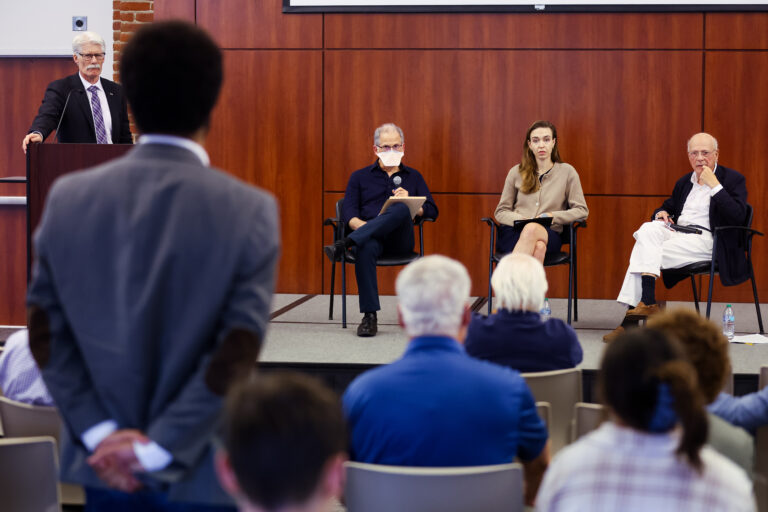 The audience listen's to Sarah Gustafson's lecture, which inspired William Stark's essay on despotism