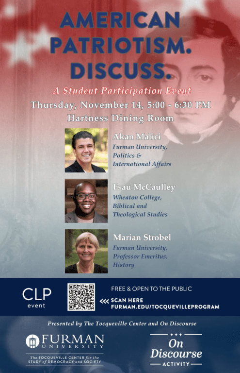 Poster for Tocqueville Center and On Discourse event on American patriotism and viewpoint diversity