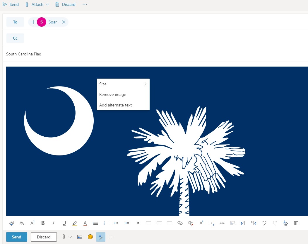 Screenshot of an email draft showing the options to size, remove, or add alternate text to an image.