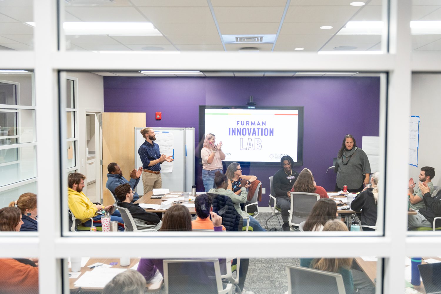 Furman's Master of Science in Innovation and Leadership students have their monthly Friday in the Field at the Furman Innovation Lab at Crescent One on Friday, November 1st, 2024.  Photo by Owen Withycombe, Furman University.