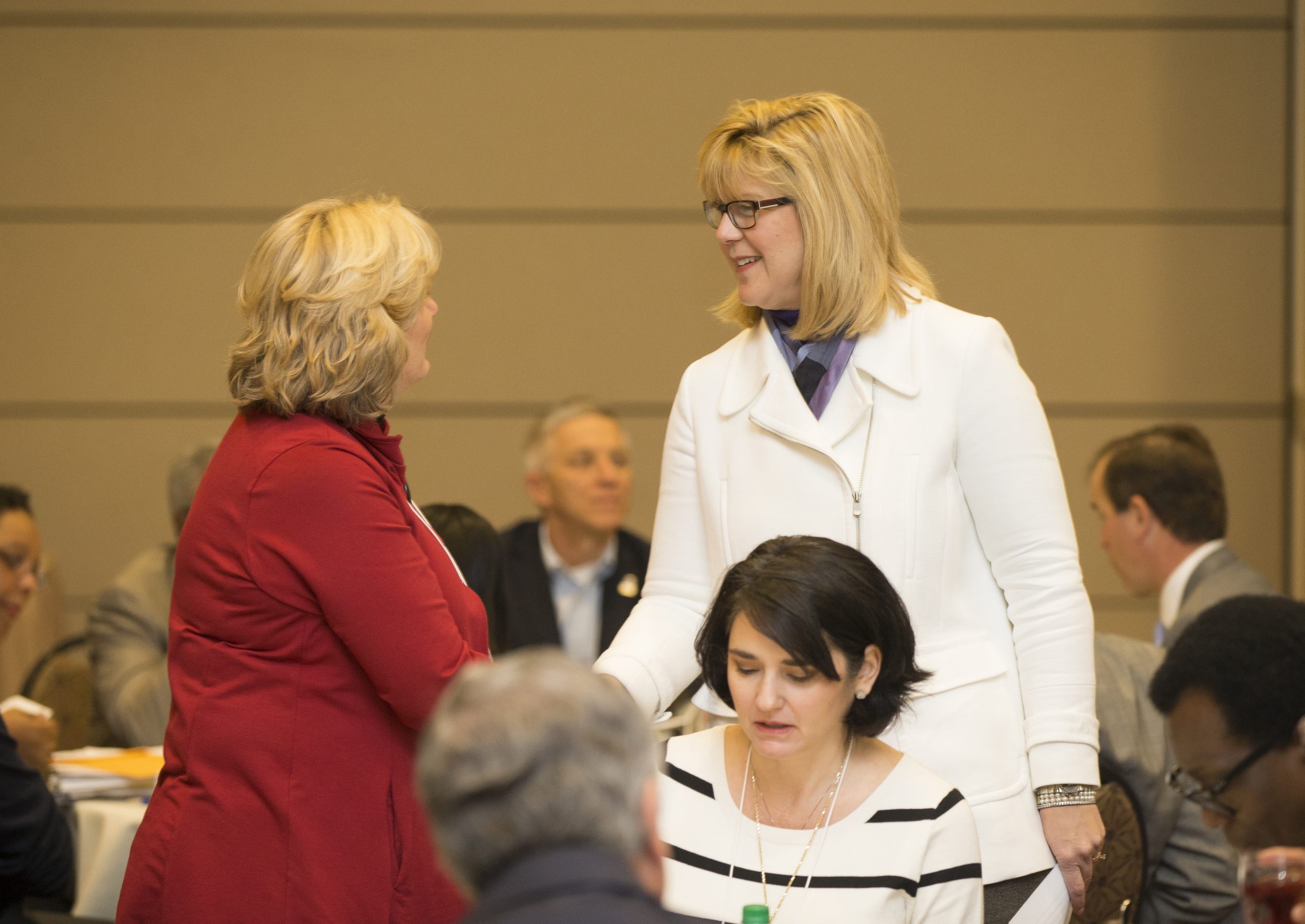 Furman President Elizabeth Davis speaking with Pamela Barkett