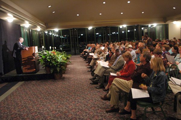 Secretary Riley addressing the crowd in Hartness Pavilion, Furman