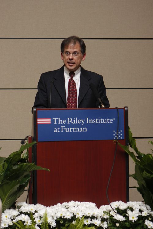 Dr. Mike Bressler, Professor of Political Science at Furman, introducing Marshall Goldman