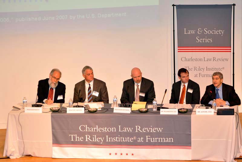 Panel One: (l-r) Professor Robert Batey, Senator Chip Campsen, Professor Heath Hoffmann, Assistant US Attorney Jay Richardson and Richard Jerome, PEW Charitable Trusts