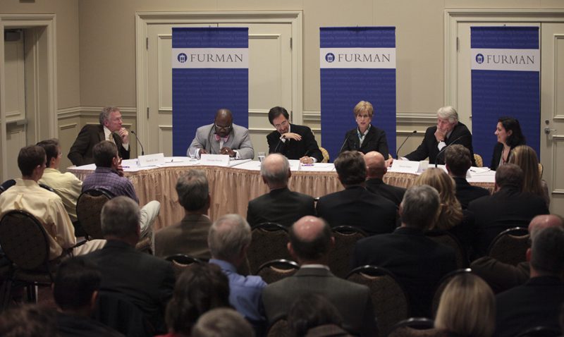 (l-r) David Shi, George Bandy, Andrew Revkin, Christine Todd Whitman, David Hales and Nilda Mesa