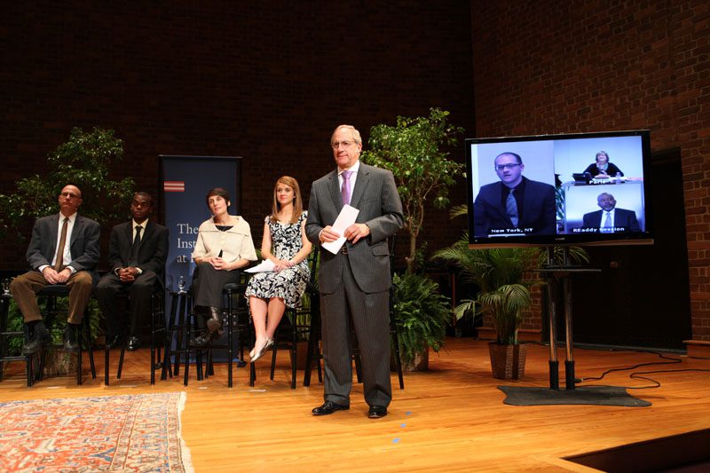 President Smolla introducing our three guests via teleconference. They are Furman alums Eleanor Beardsley (NPR Paris), Carl Sullivan (MSN.com), and legal scholar and civic leader, Randy Eaddy.