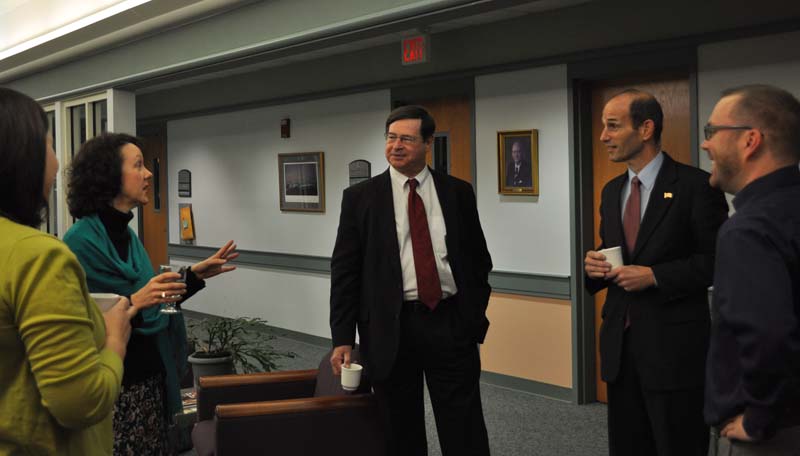 Former Governor of Maine and U.S. Congressman met with several Furman faculty members: (l-r) Jessica Hennessey, Danielle Vinson, Don Gordon, Governor Baldacci and David Fleming