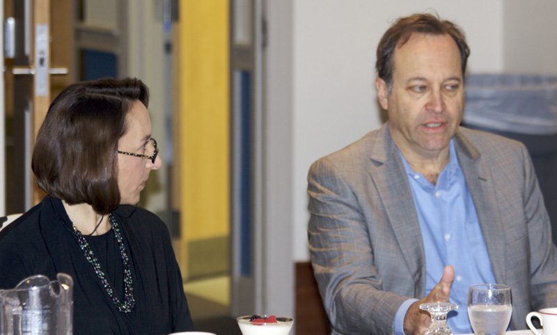 Margaret Oakes, Furman English Professor, sharing breakfast with guest Jeffrey Brown