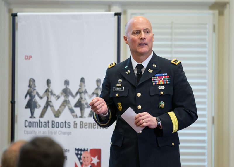 The title of his public address: “Combat Boots and Benefits: Equality in an Era of Change”