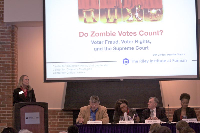 Jill Fuson, Manager of Riley Institute Conferences and Policy Events, introducing the panelists