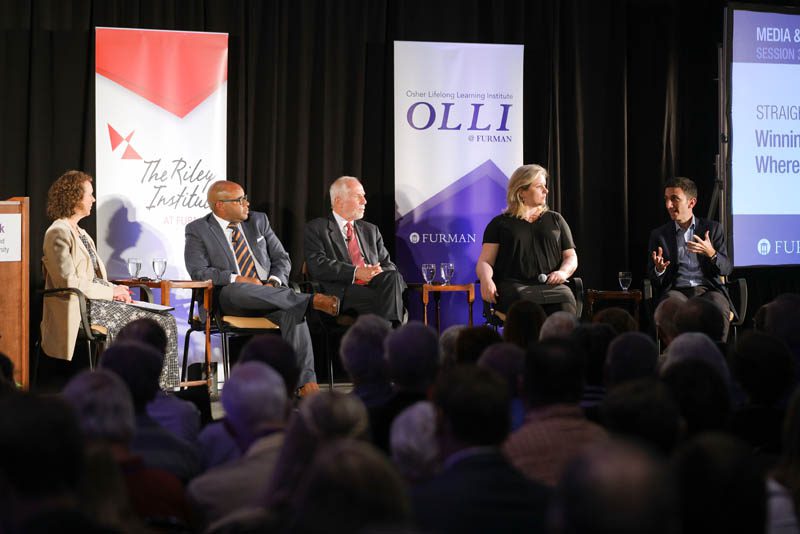 A panel discussion moderated by Danielle Vinson with (l-r) Nigel Robertson, Charles Bierbauer, Erika Hobbs and Alexios Mantzarlis on 