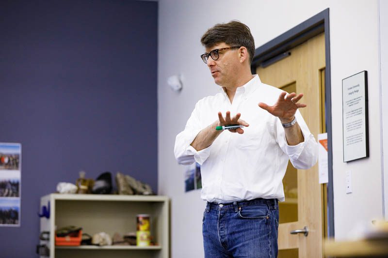 Jeffrey Ball speaking to Dr. Ruth Aronoff's Earth and Environmental Science class