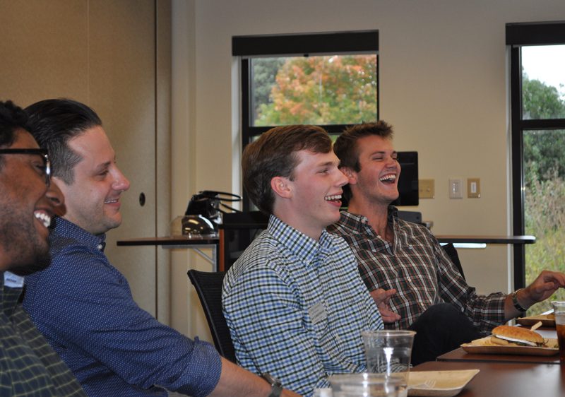 Riley Institute Advance Team having lunch with Dr. Nick Galasso, leading voice on inequality and senior researcher for Oxfam America (l-r) Nathan Mathai, Nick Galasso, Noah Zimmerman, Clark Hickerson